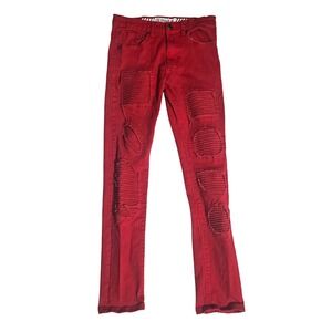 GSTR Mens Red Biker Moto Distressed Slim Fit Jeans Ribbed Panels Size 30 x 28